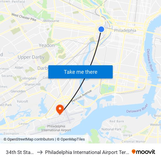 34th St Station to Philadelphia International Airport Terminal F map