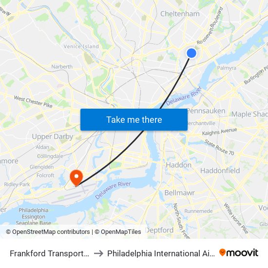 Frankford Transportation Center to Philadelphia International Airport Terminal F map