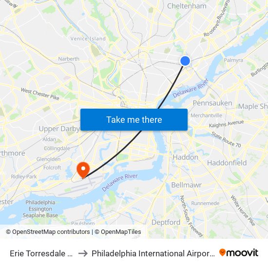 Erie Torresdale Station to Philadelphia International Airport Terminal F map