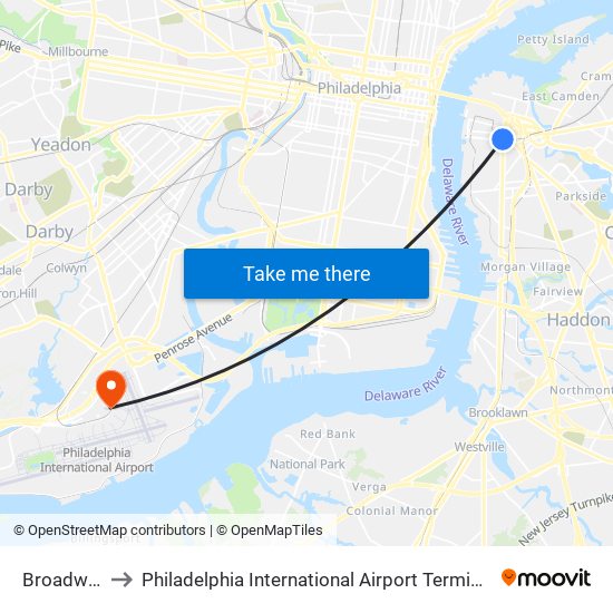 Broadway to Philadelphia International Airport Terminal F map