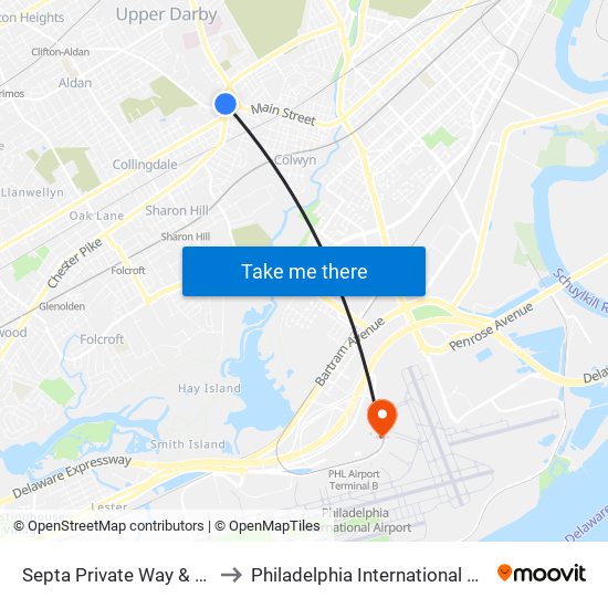 Septa Private Way & Macdade Blvd to Philadelphia International Airport Terminal F map