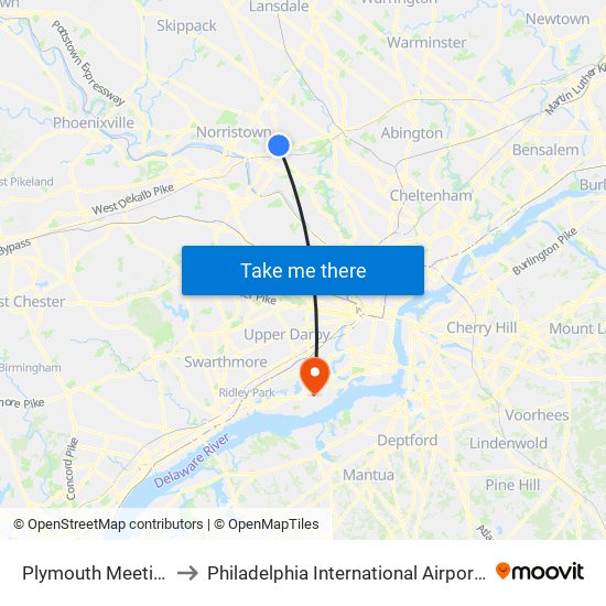 Plymouth Meeting Mall to Philadelphia International Airport Terminal E map