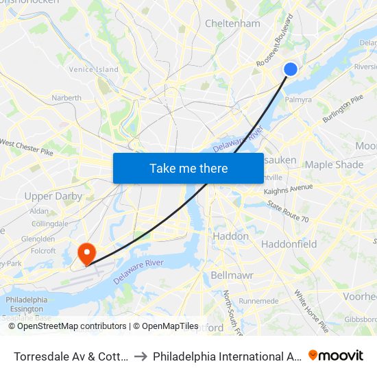 Torresdale Av & Cottman Av Loop to Philadelphia International Airport Terminal E map