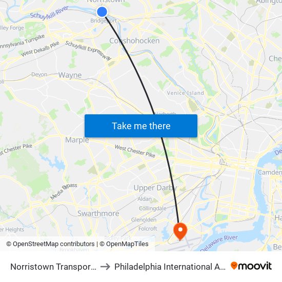 Norristown Transportation Center to Philadelphia International Airport Terminal E map