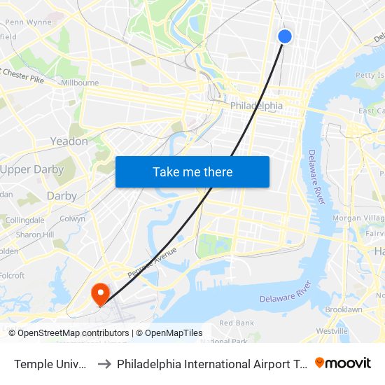 Temple University to Philadelphia International Airport Terminal E map