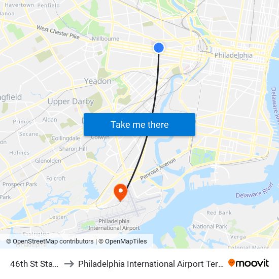 46th St Station to Philadelphia International Airport Terminal E map