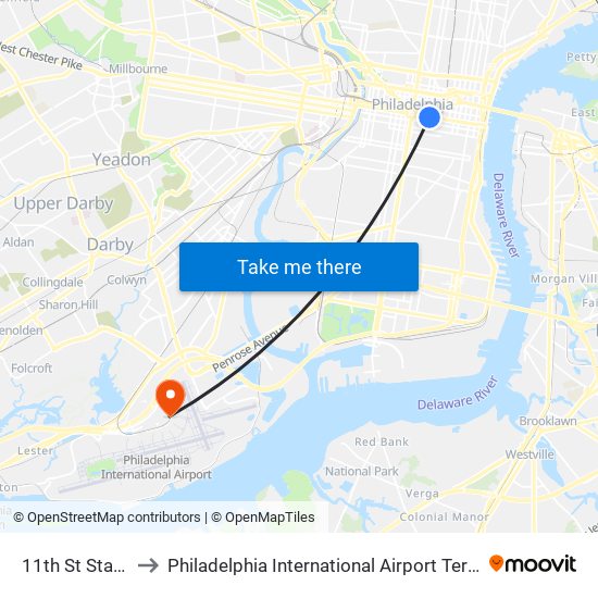 11th St Station to Philadelphia International Airport Terminal E map