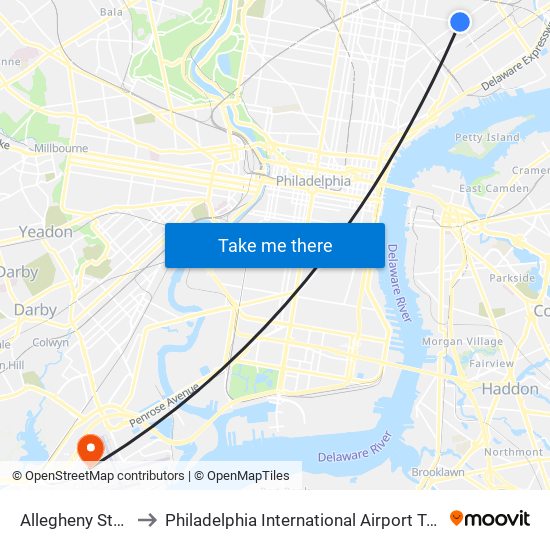 Allegheny Station to Philadelphia International Airport Terminal E map