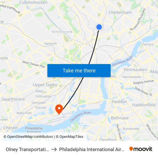 Olney Transportation Center to Philadelphia International Airport Terminal E map