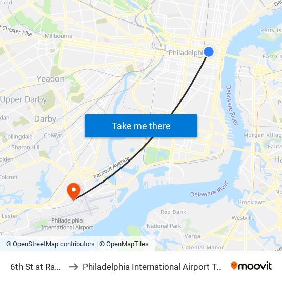 6th St at Race St to Philadelphia International Airport Terminal E map