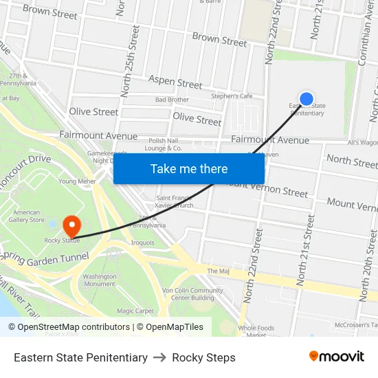 Eastern State Penitentiary to Rocky Steps map