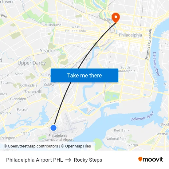 Philadelphia Airport PHL to Rocky Steps map