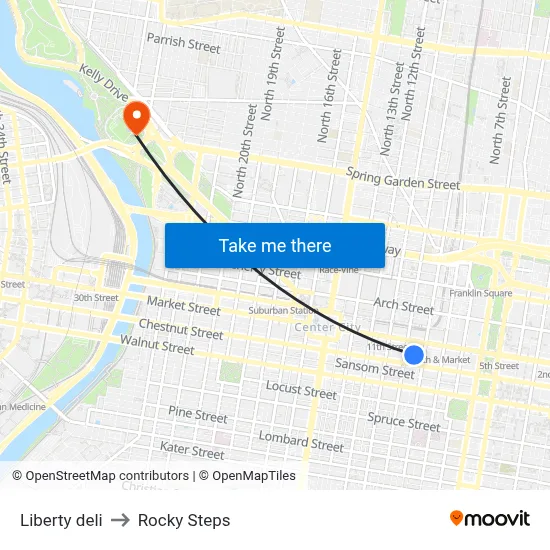 Liberty deli to Rocky Steps map