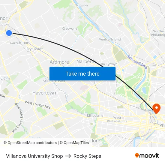 Villanova University Shop to Rocky Steps map