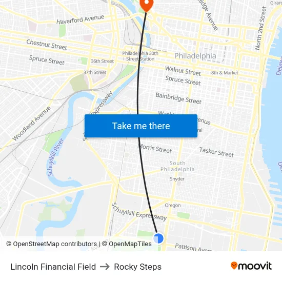 Lincoln Financial Field to Rocky Steps map