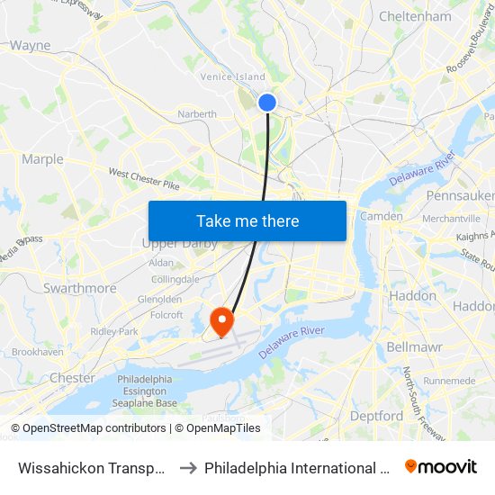 Wissahickon Transportation Center to Philadelphia International Airport Terminal D map