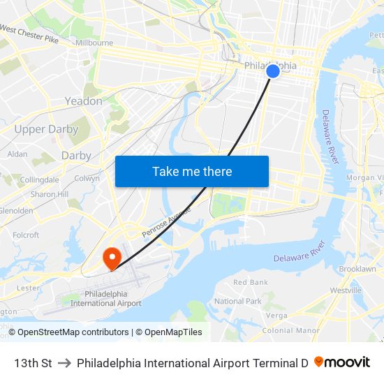 13th St to Philadelphia International Airport Terminal D map