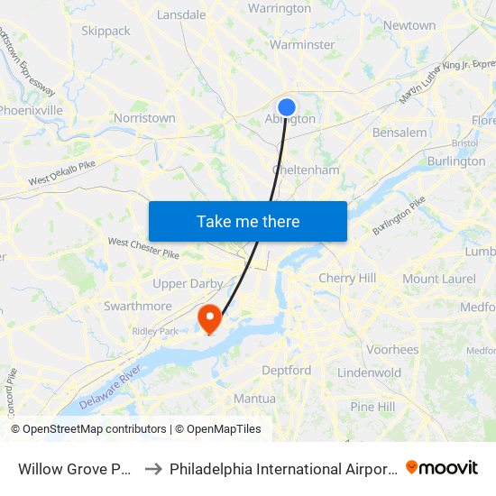 Willow Grove Park Mall to Philadelphia International Airport Terminal D map