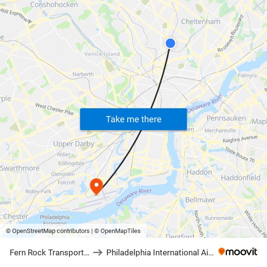 Fern Rock Transportation Center to Philadelphia International Airport Terminal D map