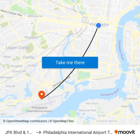 JFK Blvd & 15th St to Philadelphia International Airport Terminal D map