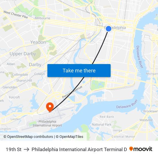 19th St to Philadelphia International Airport Terminal D map