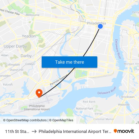 11th St Station to Philadelphia International Airport Terminal D map
