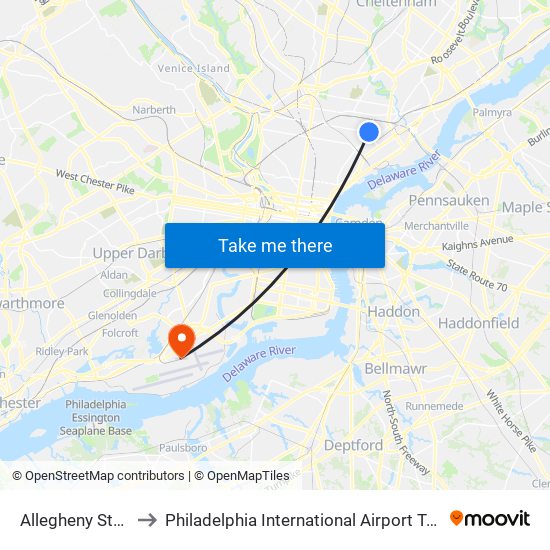 Allegheny Station to Philadelphia International Airport Terminal D map