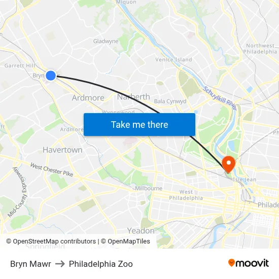 Bryn Mawr to Philadelphia Zoo map