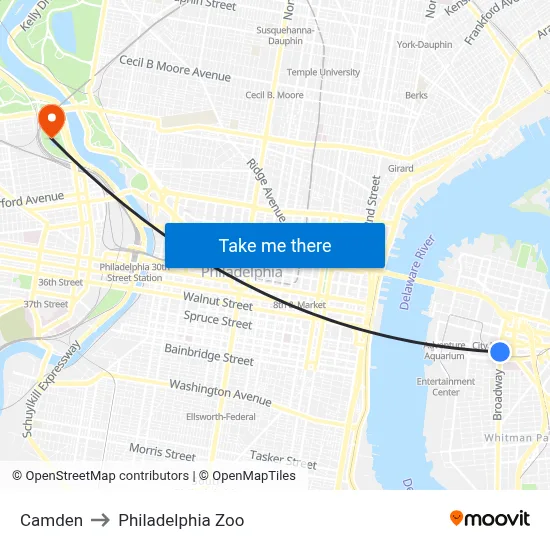 Camden to Philadelphia Zoo map