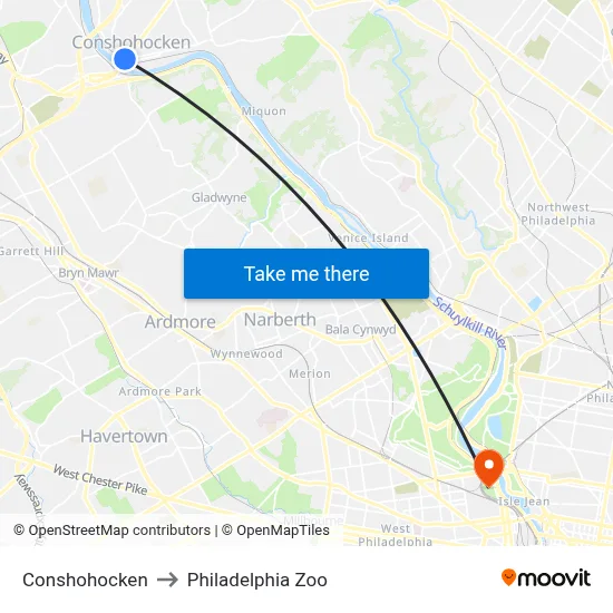 Conshohocken to Philadelphia Zoo map
