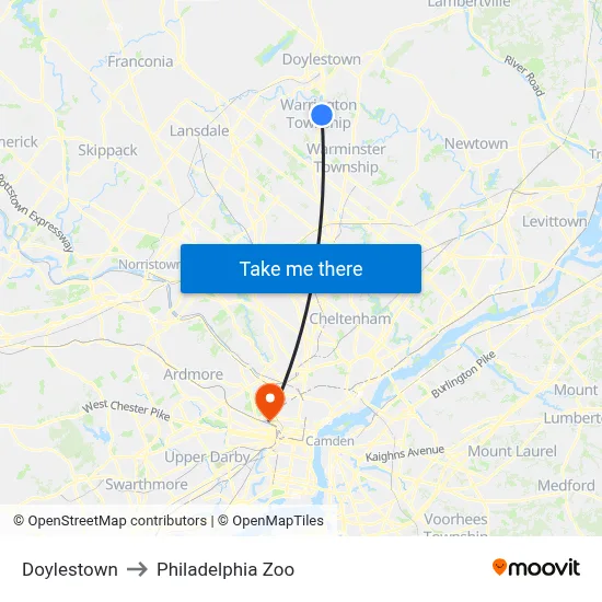 Doylestown to Philadelphia Zoo map