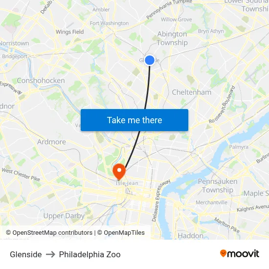 Glenside to Philadelphia Zoo map