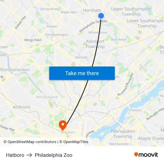 Hatboro to Philadelphia Zoo map