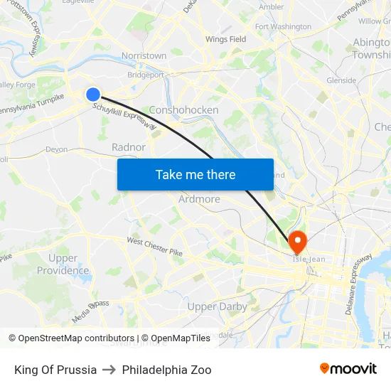 King Of Prussia to Philadelphia Zoo map