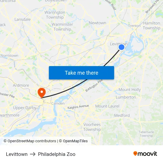 Levittown to Philadelphia Zoo map