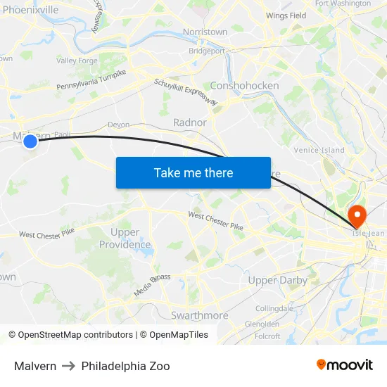 Malvern to Philadelphia Zoo map