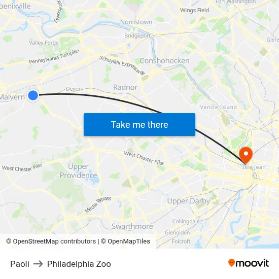 Paoli to Philadelphia Zoo map