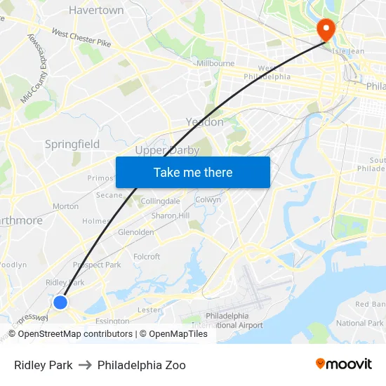 Ridley Park to Philadelphia Zoo map