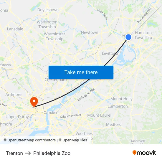 Trenton to Philadelphia Zoo map