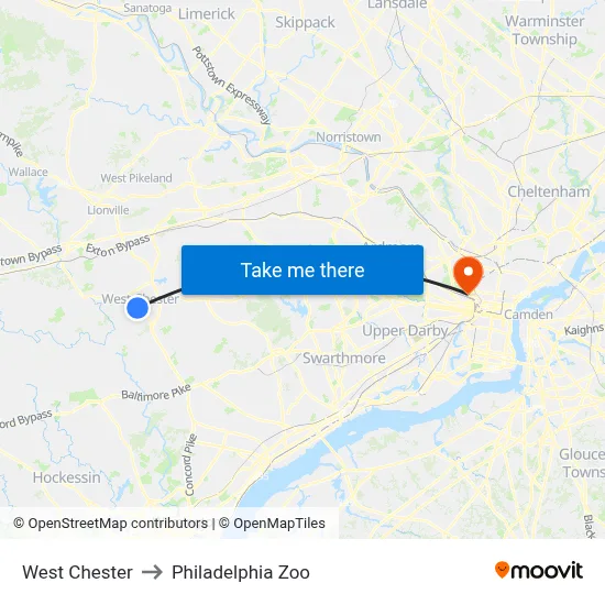 West Chester to Philadelphia Zoo map