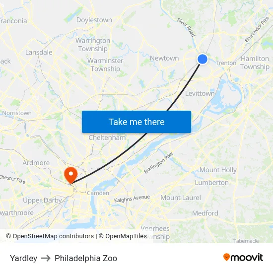 Yardley to Philadelphia Zoo map