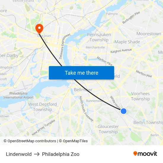 Lindenwold to Philadelphia Zoo map