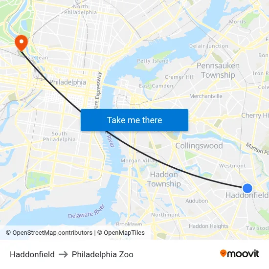 Haddonfield to Philadelphia Zoo map