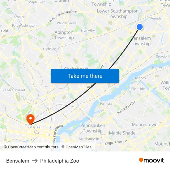 Bensalem to Philadelphia Zoo map