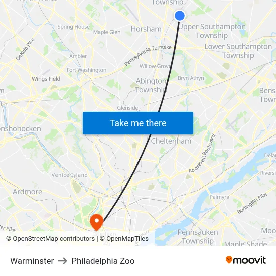 Warminster to Philadelphia Zoo map