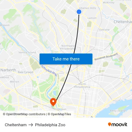 Cheltenham to Philadelphia Zoo map