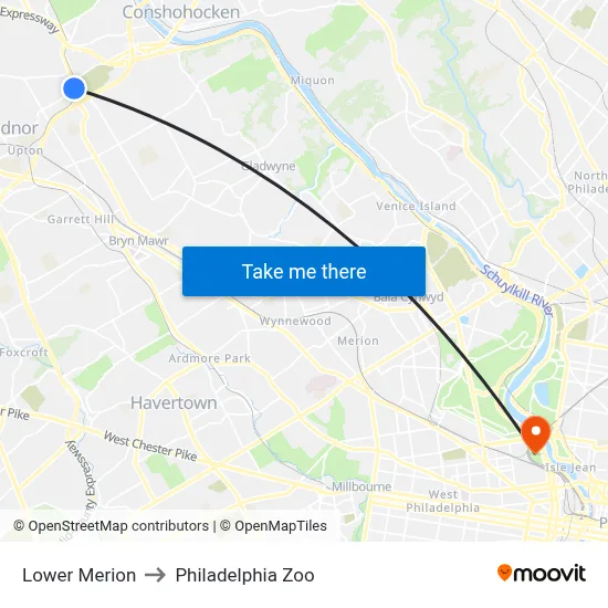 Lower Merion to Philadelphia Zoo map