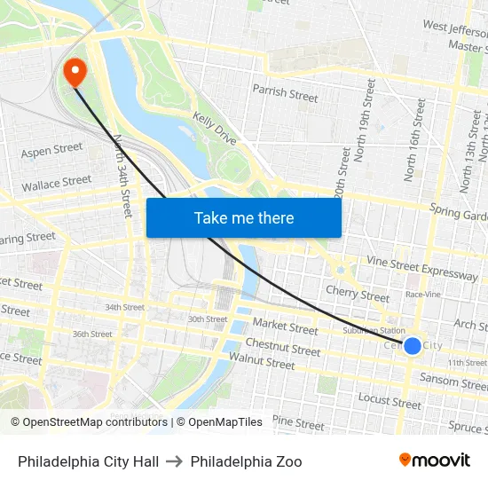 Philadelphia City Hall to Philadelphia Zoo map