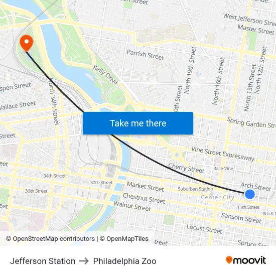 Jefferson Station to Philadelphia Zoo map