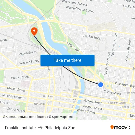Franklin Institute to Philadelphia Zoo map